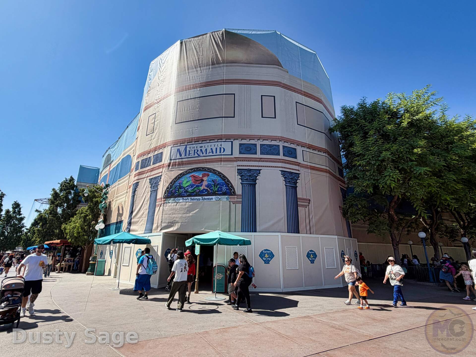 The Little Mermaid facade under refurbishment at Disney California Adventure while the ride stays open