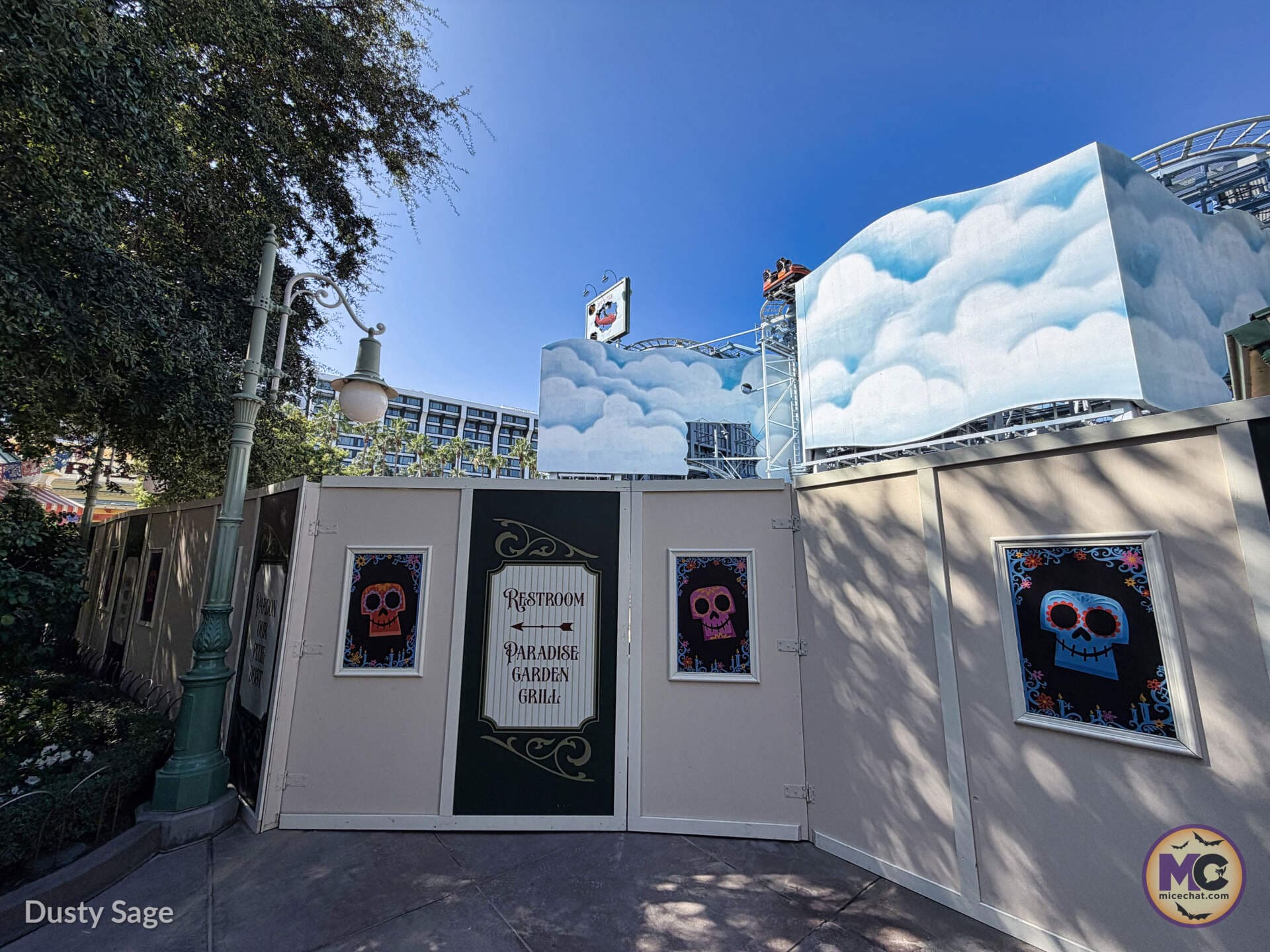 Construction walls around the expanded restrooms in Paradise Gardens Park