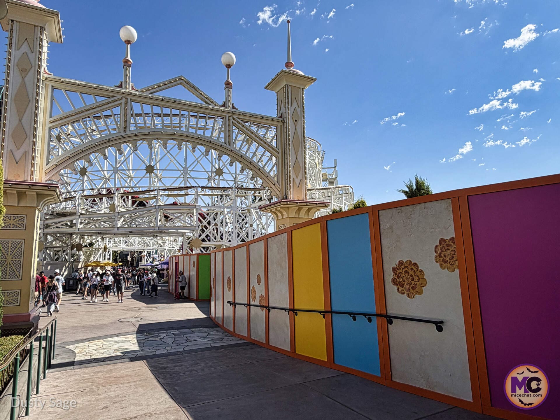 Construction equipment behind the walls at the Coco attraction site in Disney California Adventure