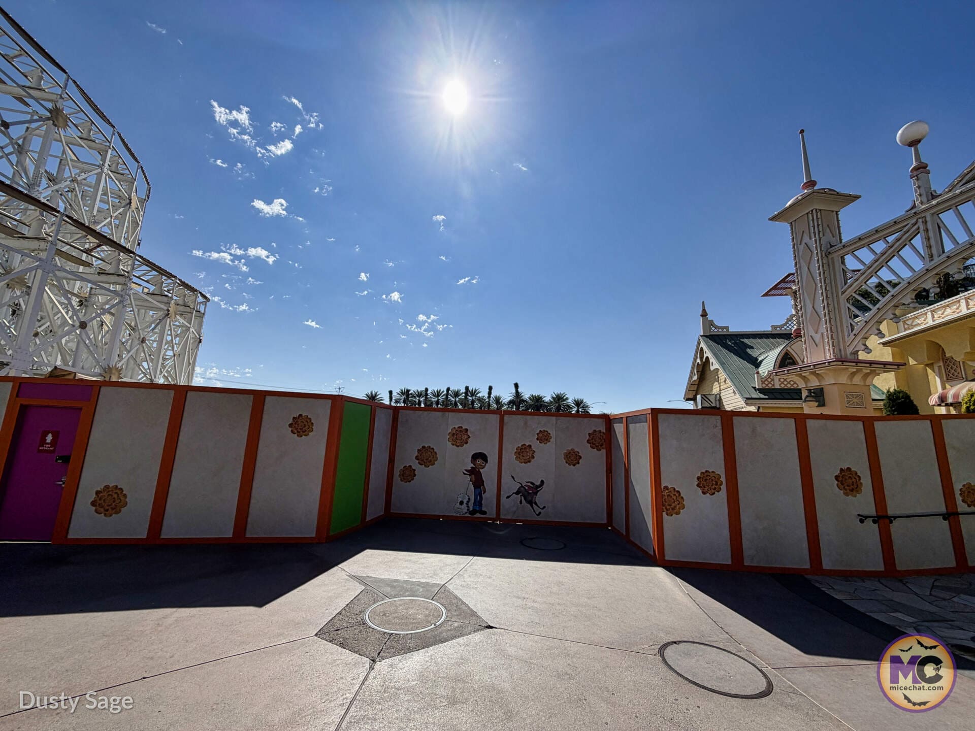 Construction walls around the future Coco attraction site at Disney California Adventure