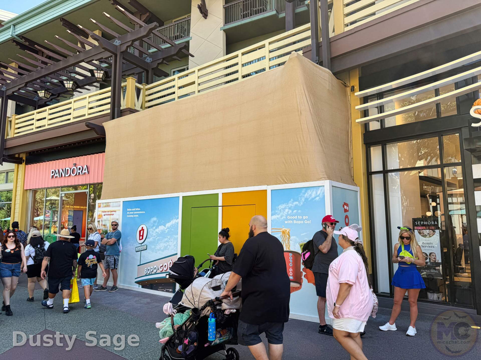 Bopo Go construction barricade between Pandora and Sephora in Downtown Disney