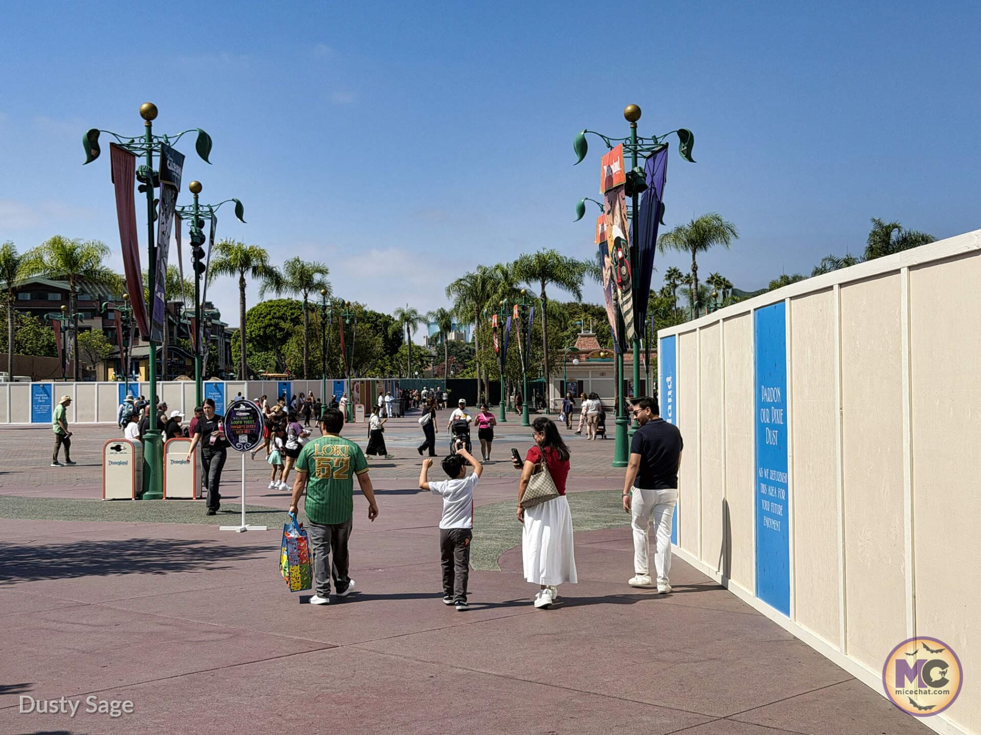 Construction walls narrowing the walkway on the Disneyland Esplanade near Downtown Disney