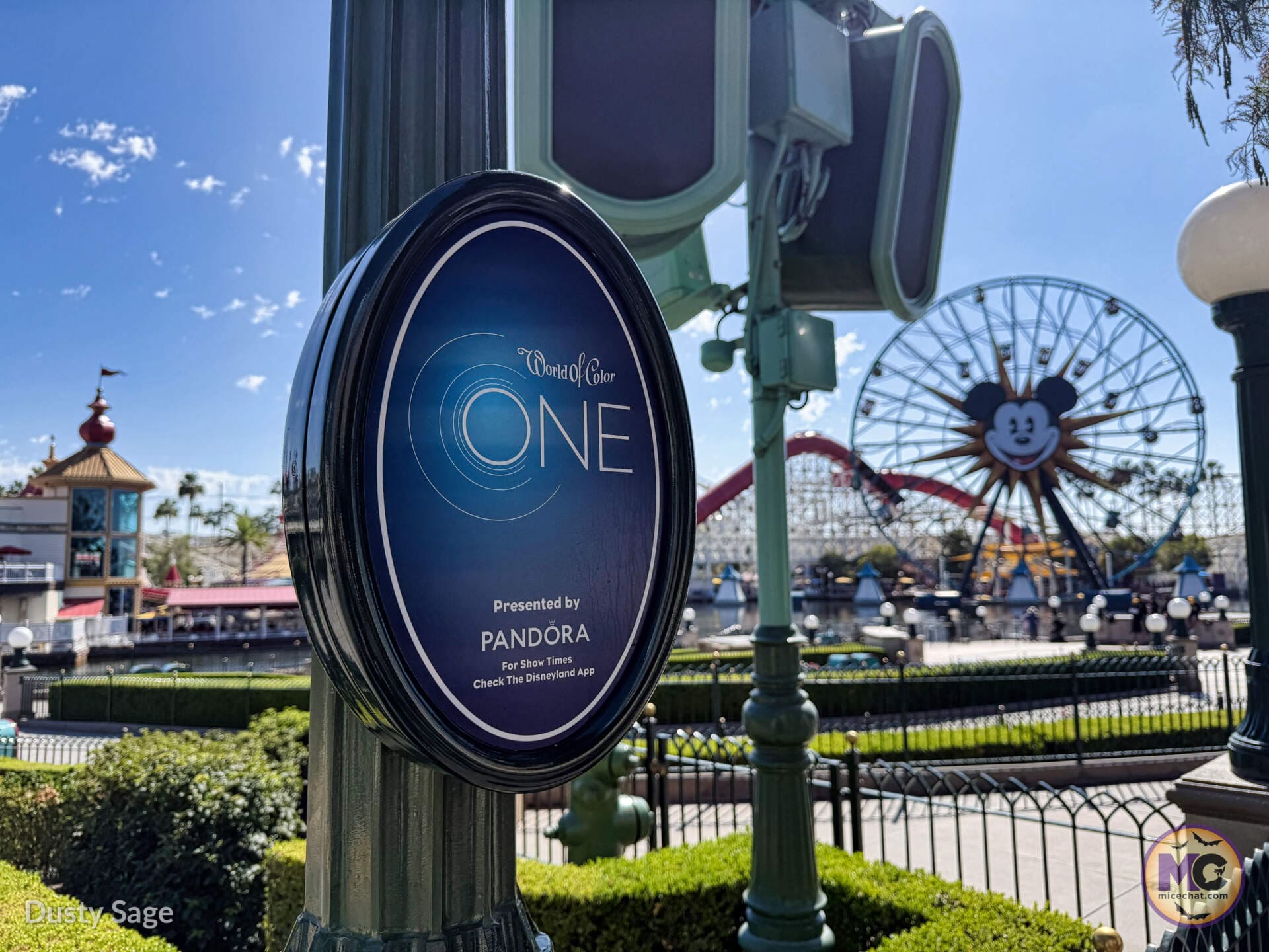 World of Color - ONE presented by Pandora sign at Disney California Adventure