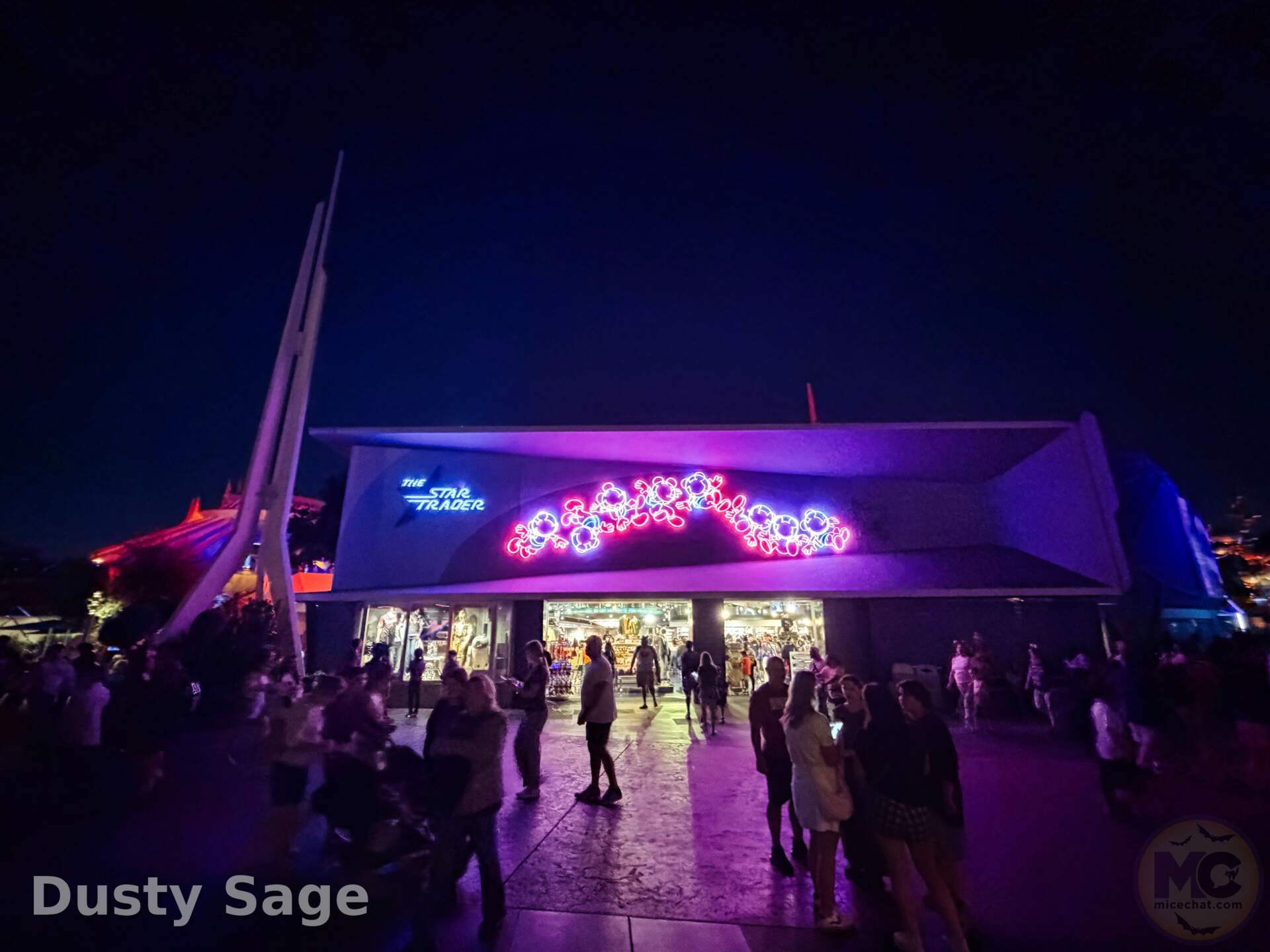 Neon Mickey sign in Tomorrowland at Disneyland