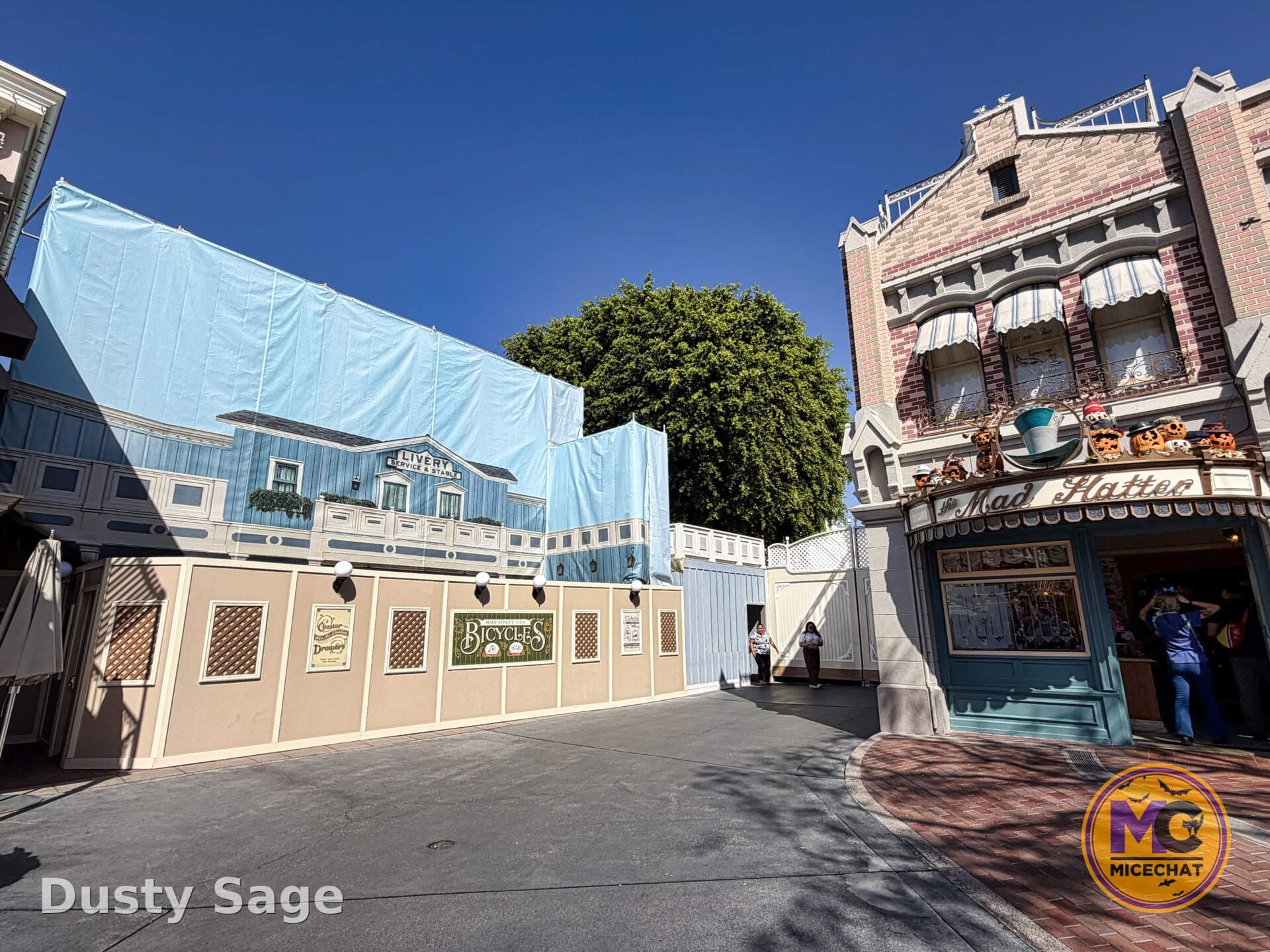 Blue scrim construction box on the Stage Door Café patio at Disneyland