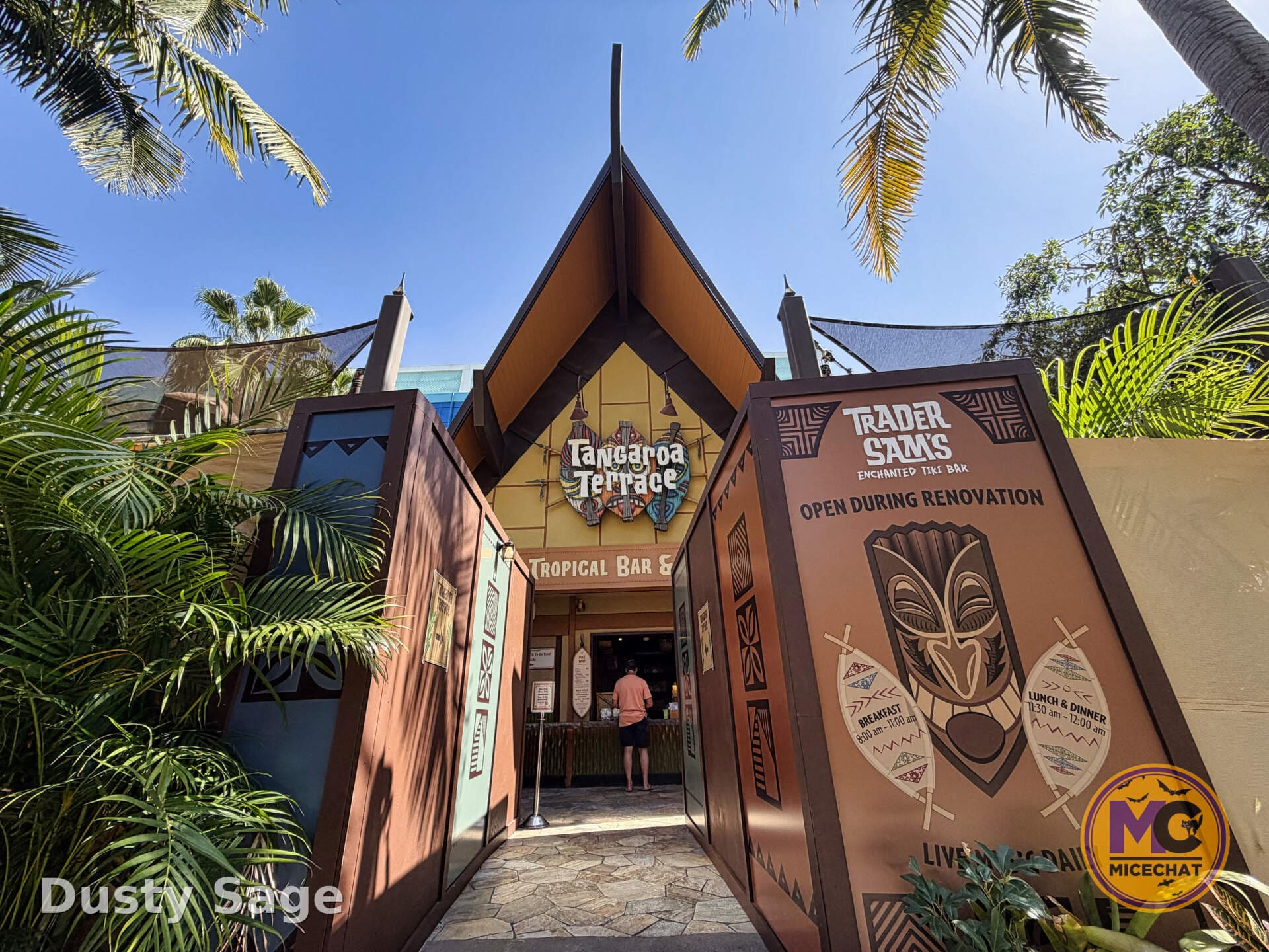 Tangaroa Terrace entrance under exterior refurbishment at the Disneyland Hotel, still open to guests