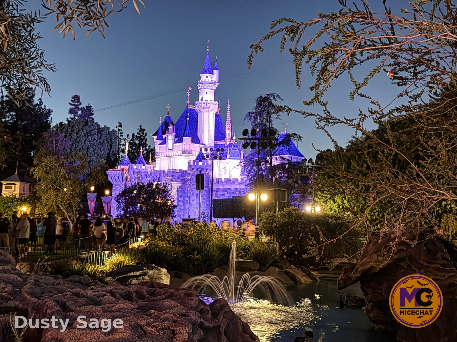 Sleeping Beauty Castle glowing at night in Disneyland