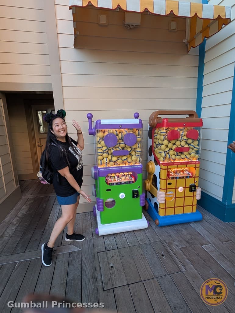 Buzz Lightyear and Woody pin vending machines on Pixar Pier at Disney California Adventure