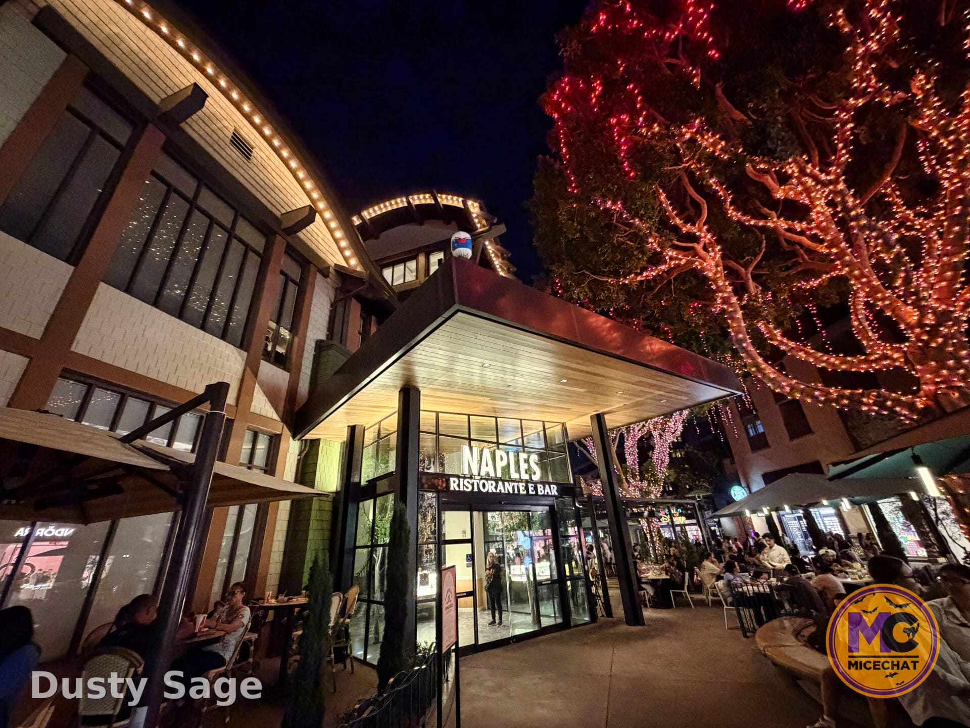 Naples Ristorante e Bar lit up at night in Downtown Disney