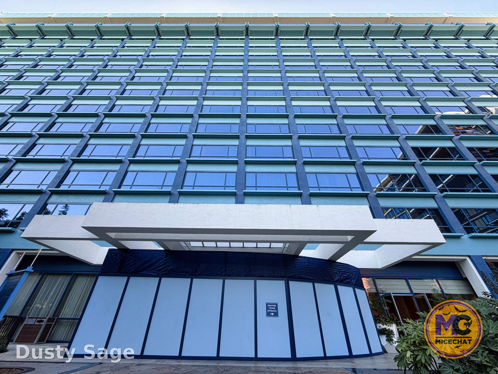 Construction walls at the Frontier Tower entrance of the Disneyland Hotel