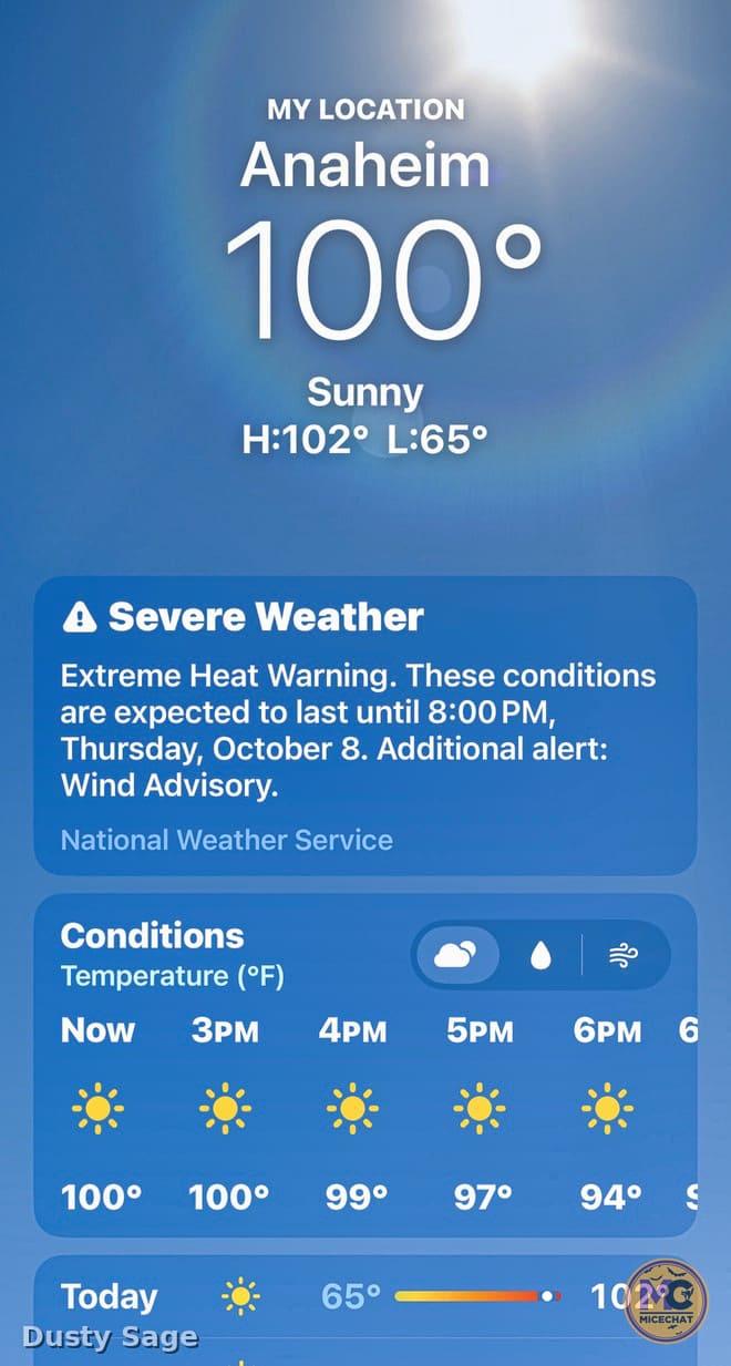 Phone screenshot showing 100-degree temperatures in the Anaheim weather forecast