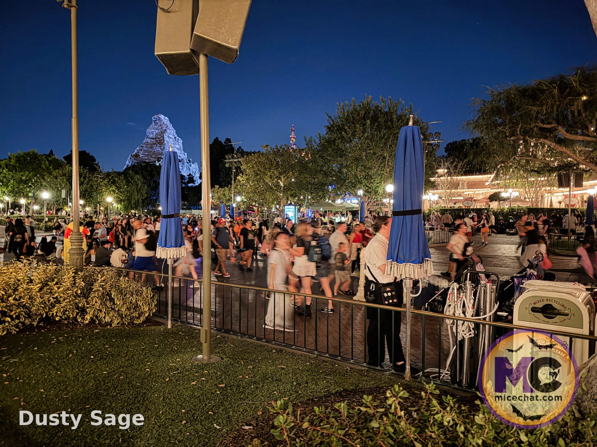 Umbrellas strapped closed due to high winds at Disneyland